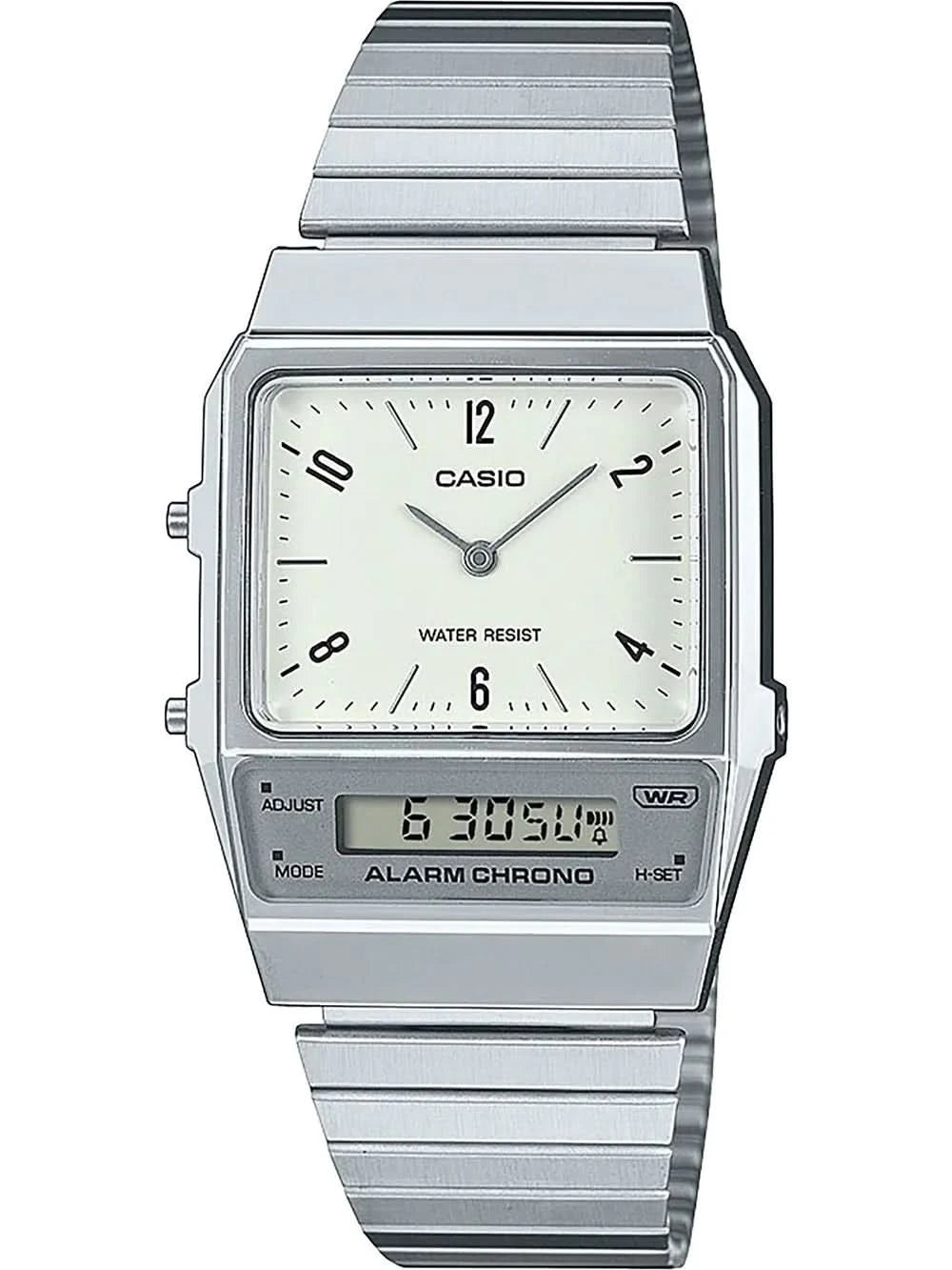 Montre Casio Vintage avec bracelet rectangulaire en métal argenté, cadran blanc et affichage numérique