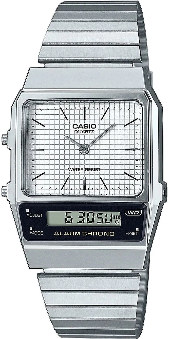Casio Vintage montre avec bracelet en métal argenté, cadran rectangulaire et affichage numérique