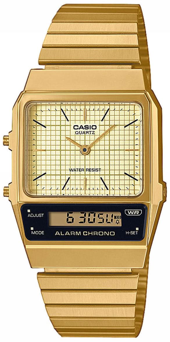 Casio-Uhr mit goldfarbenem Metallarmband, analogem Zifferblatt und Digitalanzeige