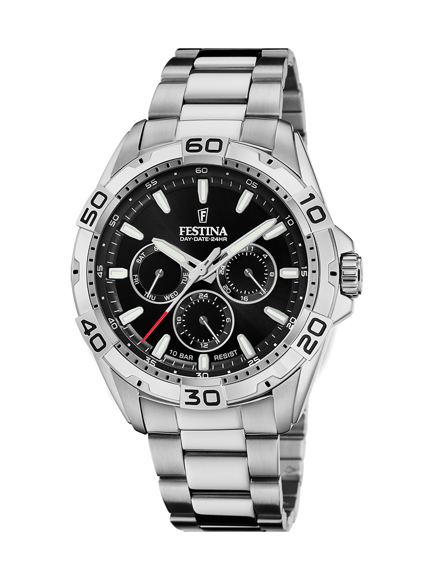Bracelet de montre pour homme avec cadran noir, bracelet en acier inoxydable et sous-cadrans multifonctions