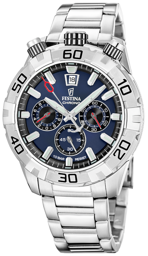 Bracelet de montre pour homme en acier inoxydable argenté avec cadran bleu