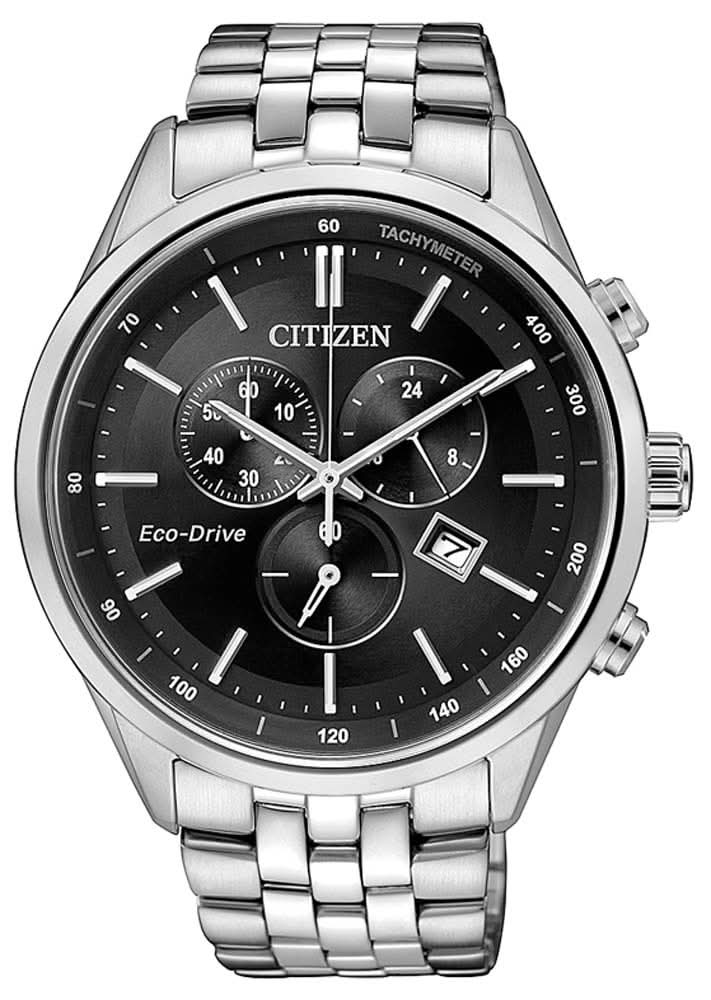 Herrenarmbanduhr mit Edelstahlband, schwarzem Chronograph-Zifferblatt und Datumsfenster