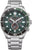 Montre pour homme avec cadran vert foncé, disposition chronographe et bracelet en acier.