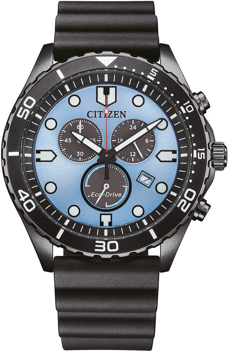 Montre homme avec bracelet noir et cadran bleu, aspect chronographe