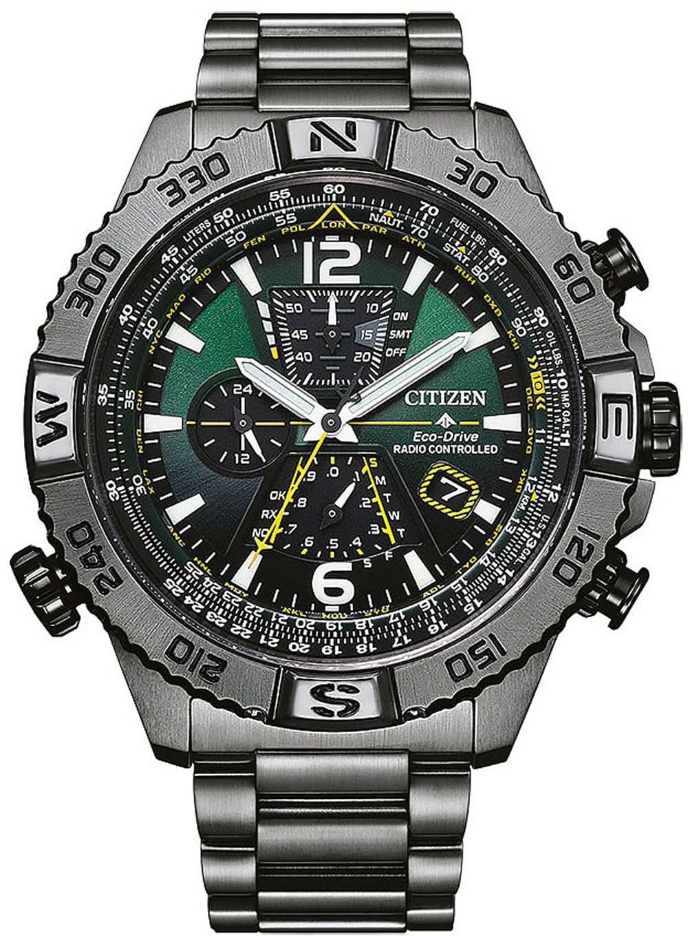 Montre homme avec cadran vert, lunette noire et bracelet en métal