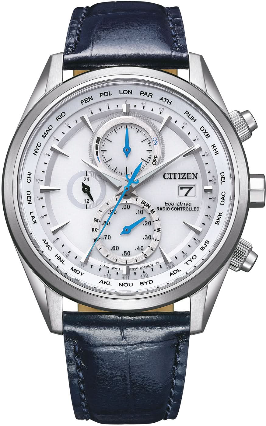 Bracelet de montre pour homme en cuir bleu, boîtier argenté et cadran analogique blanc