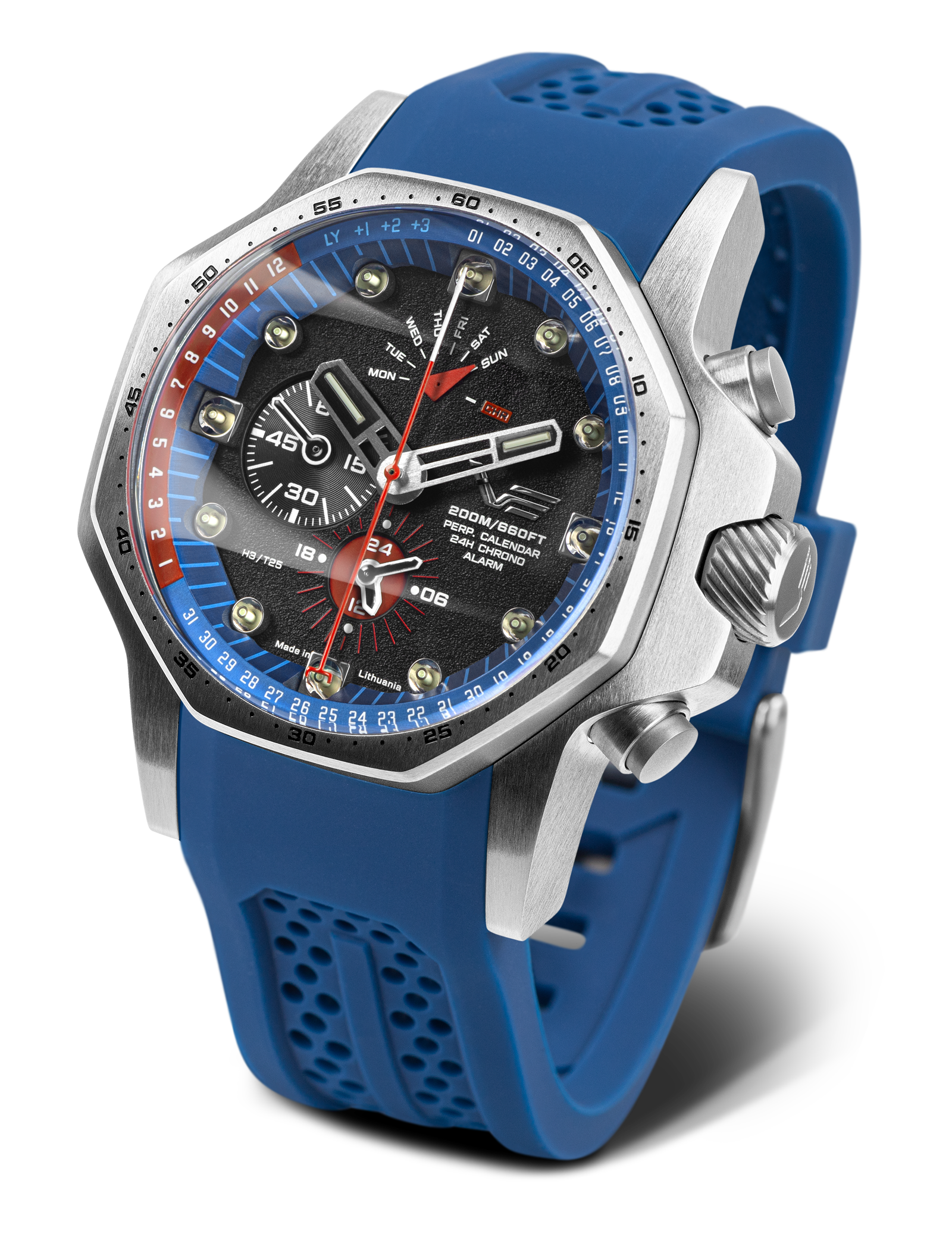 Vostok Europe herrklocka med blått silikonarmband, blå ring och svart urtavla