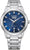 Silberne Herrenarmbanduhr mit blauem Zifferblatt, Datumfenster bei 7