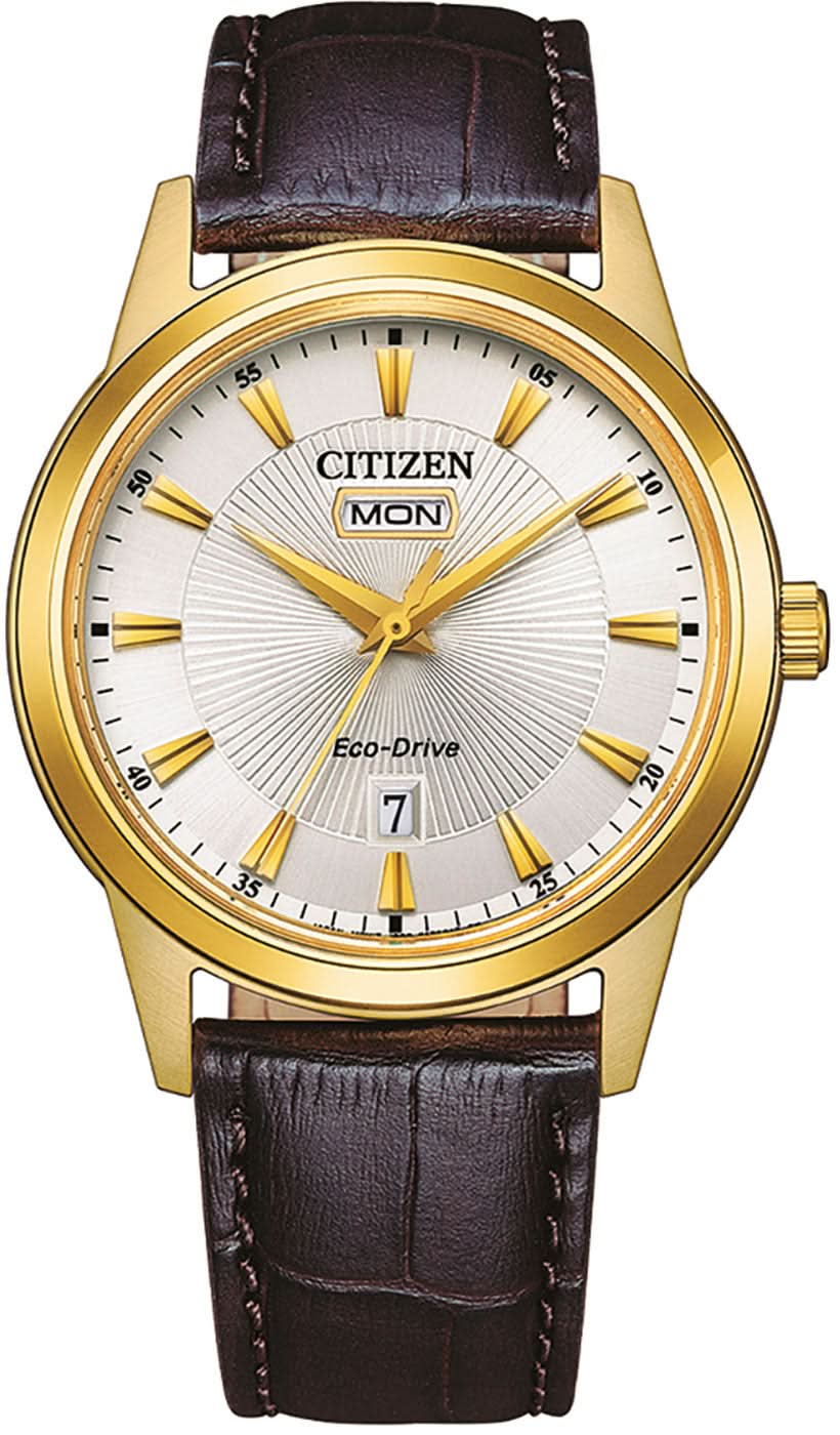 Montre homme avec boîtier rond doré, cadran blanc et bracelet en cuir marron