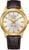 Montre homme avec boîtier rond doré, cadran blanc et bracelet en cuir marron