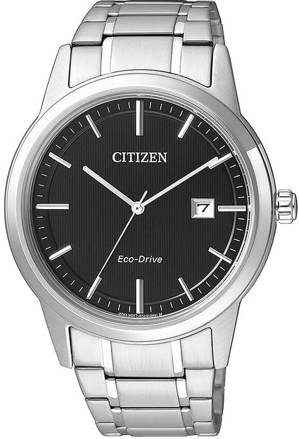 Herrenarmbanduhr: Edelstahlband, schwarzes Ziffernblatt, Datumfenster bei 7