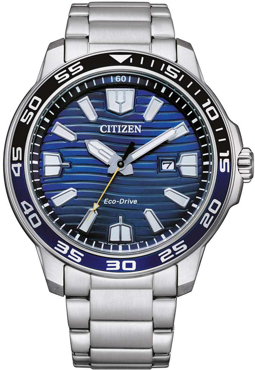 Montre homme avec cadran bleu, Eco-Drive, bracelet en acier inoxydable et lunette tachymètre