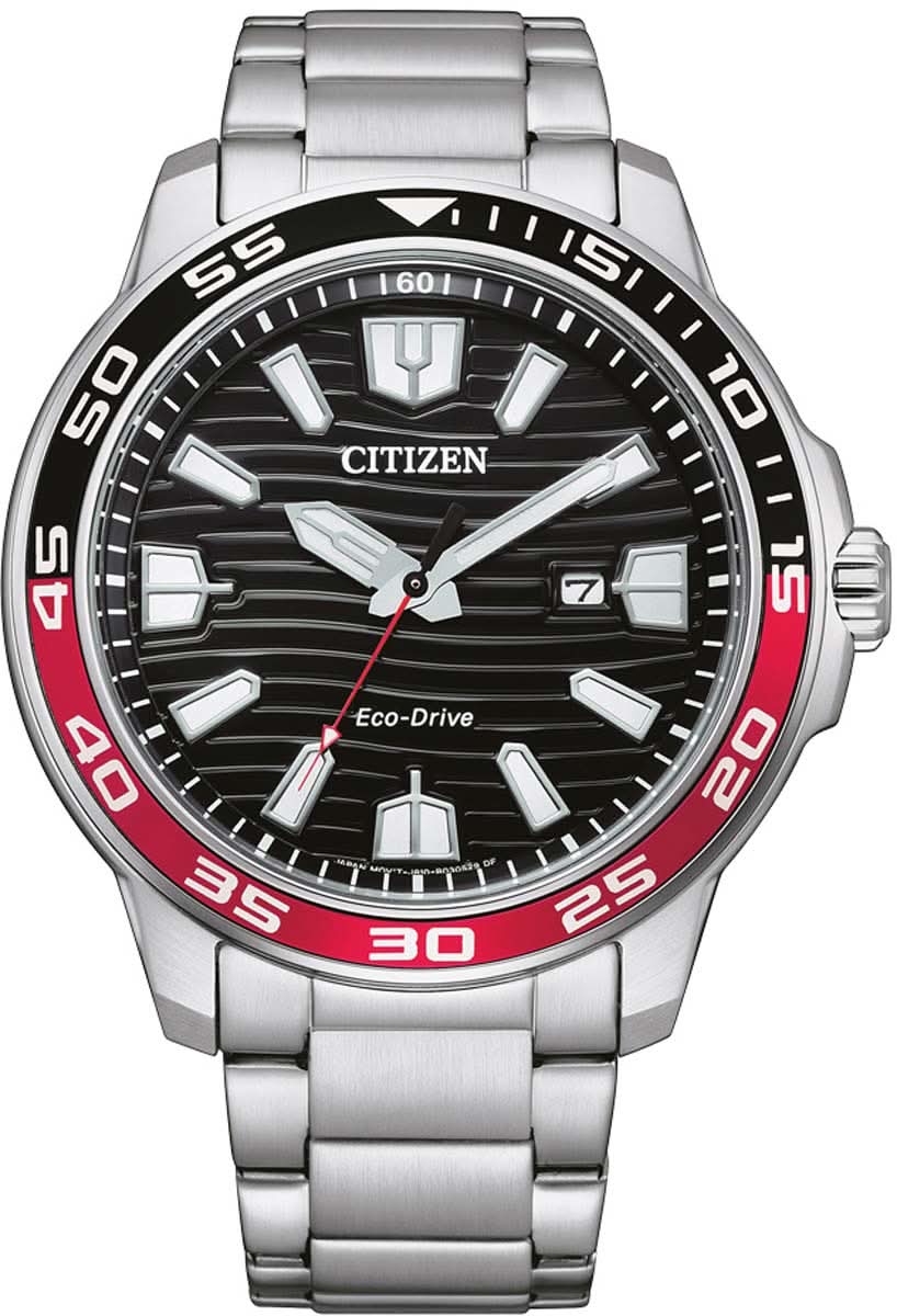 Montre Citizen Eco-Drive en acier inoxydable avec cadran noir et accents rouges