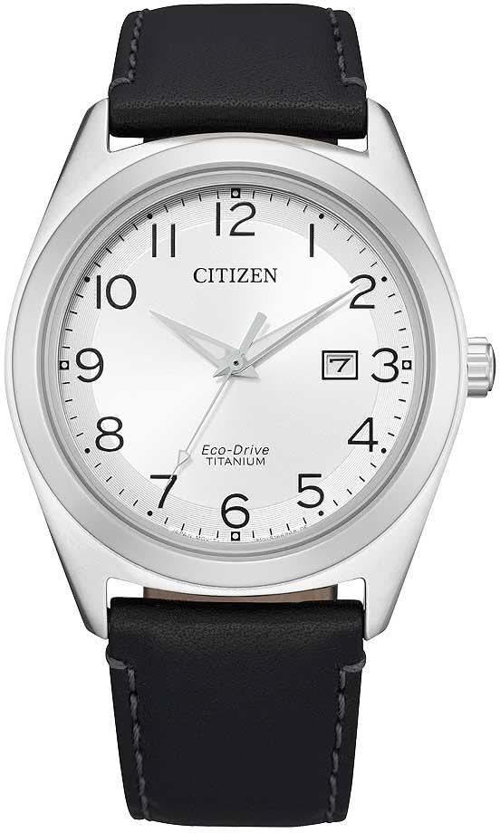 Bracelet : boîtier argenté, bracelet en cuir noir, cadran avec CITIZEN