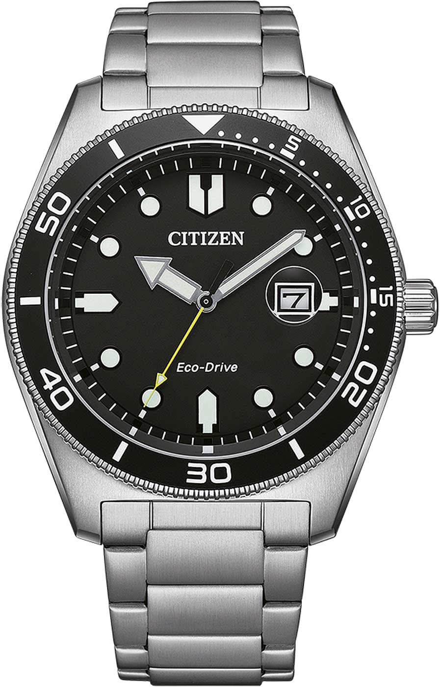 Herrenuhr mit schwarzem Zifferblatt, Edelstahlarmband und analogen Zeigern