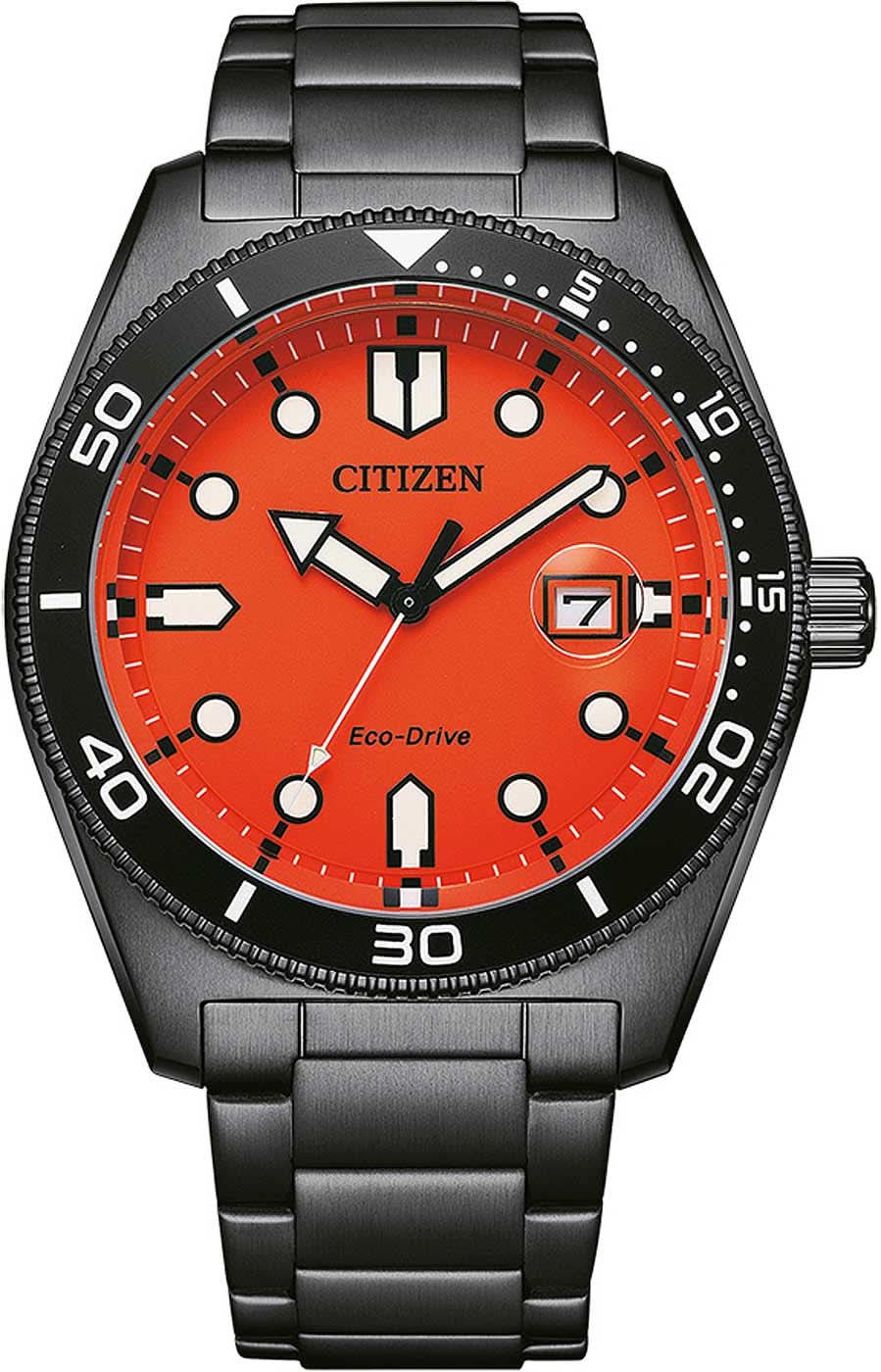 Citizen Eco-Drive Solar-Quarzuhr mit orangefarbenem Zifferblatt und schwarzem Edelstahlarmband