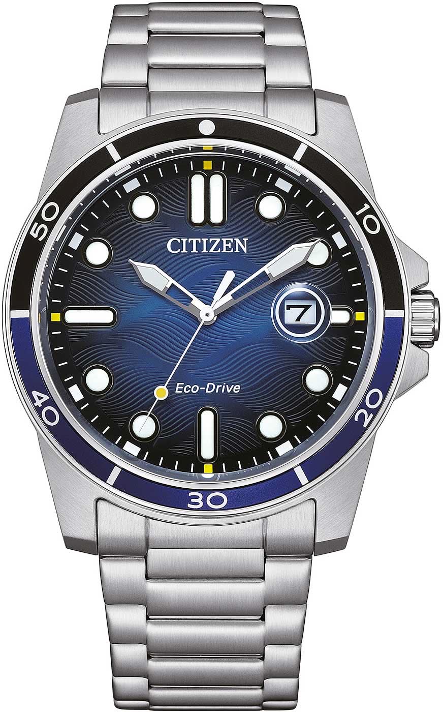 Citizen Herrenarmbanduhr mit blauem Zifferblatt, schwarzer Lünette und Edelstahlarmband