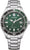 Montre pour femme avec cadran vert, bracelet en métal argenté et lunette de plongée