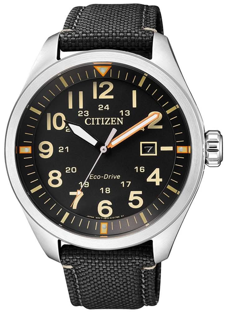 Bracelet de montre pour homme avec bracelet textile noir et cadran noir, index jaunes