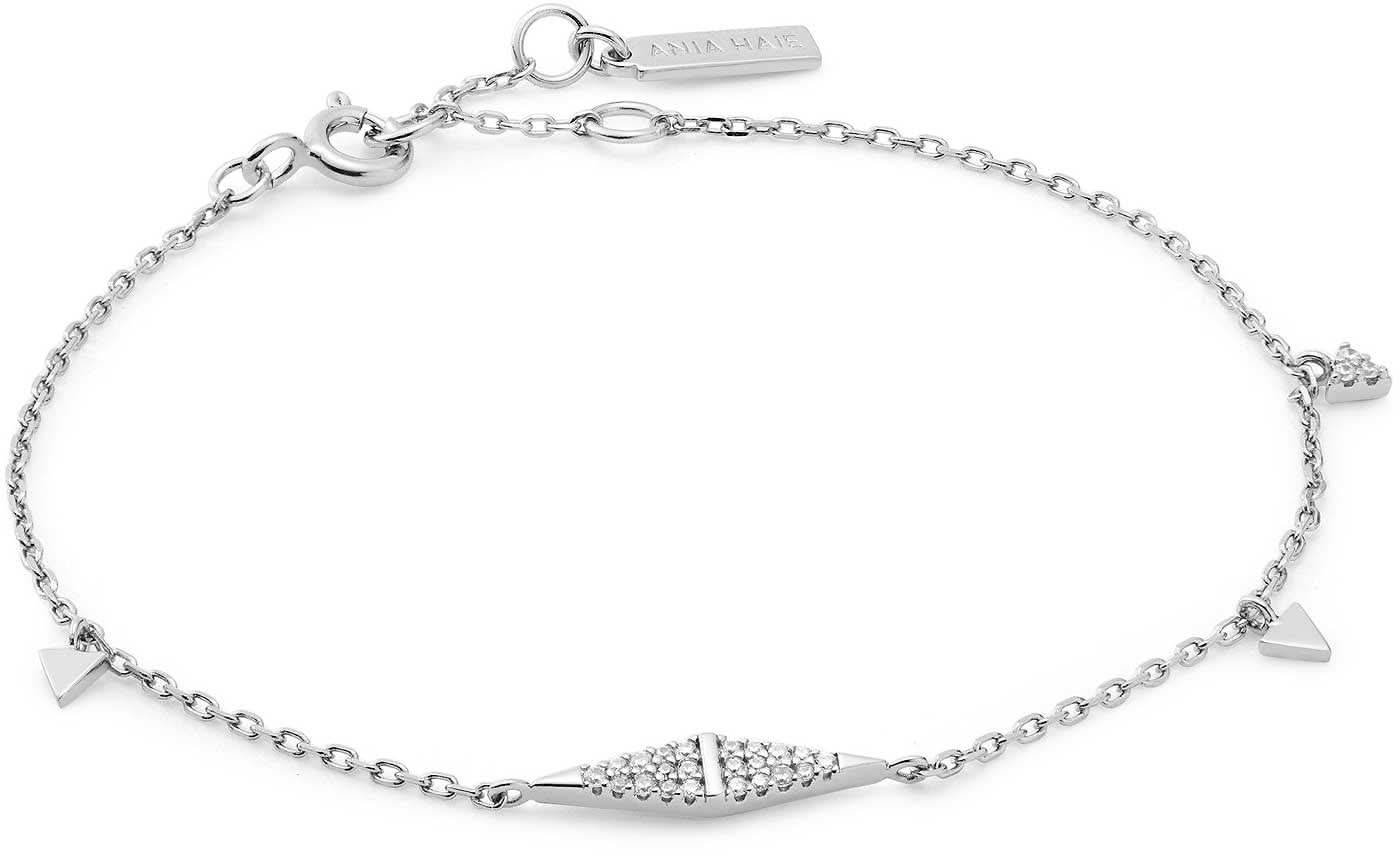 Silberfarbenes Armband mit geometrischem Anhänger und steinbesetztem Mittelteil, Kettenglieder