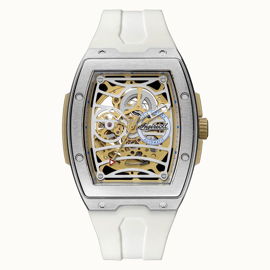 Herrenarmbanduhr mit silberfarbenem Gehäuse und sichtbarem Ingersoll-Automatikwerk