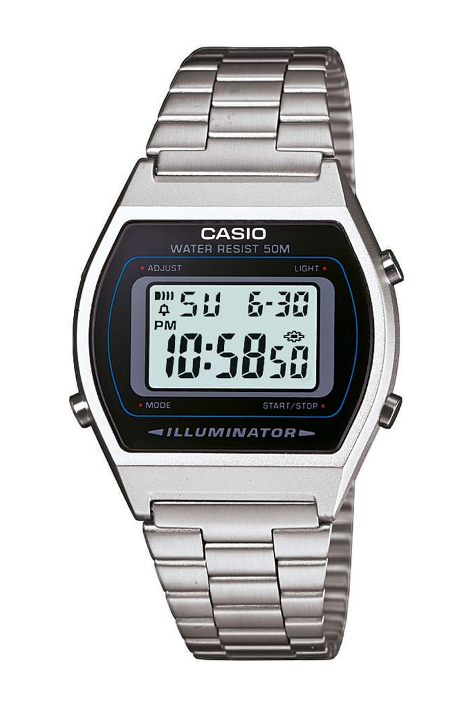 Montre numérique Casio avec bracelet en acier inoxydable, affichage noir et indication du jour de la semaine/date