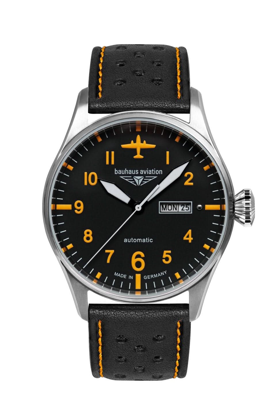 Montre homme avec cadran noir, aiguilles orange et bracelet en cuir