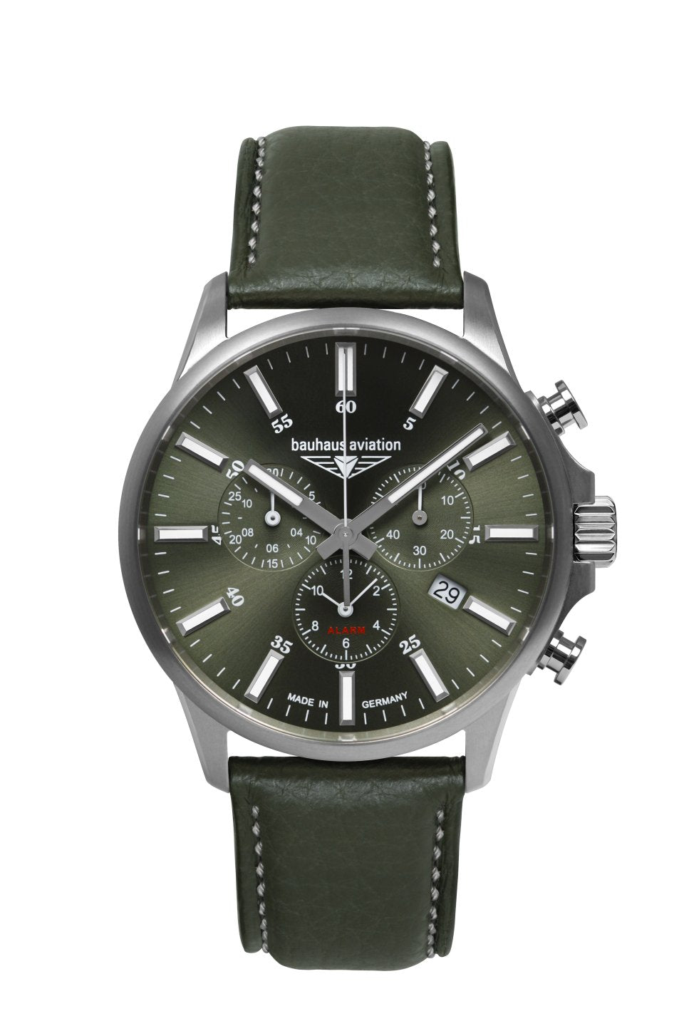 Herrenarmbanduhr: silbernes Gehäuse, grünes Lederband, dunkles Zifferblatt, Chronograf