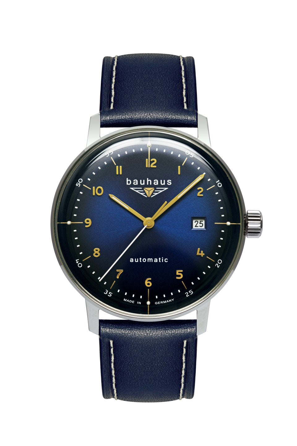 Bauhaus Herren-Automatikarmbanduhr mit blauem Zifferblatt und Lederarmband, Stahlgehäuse