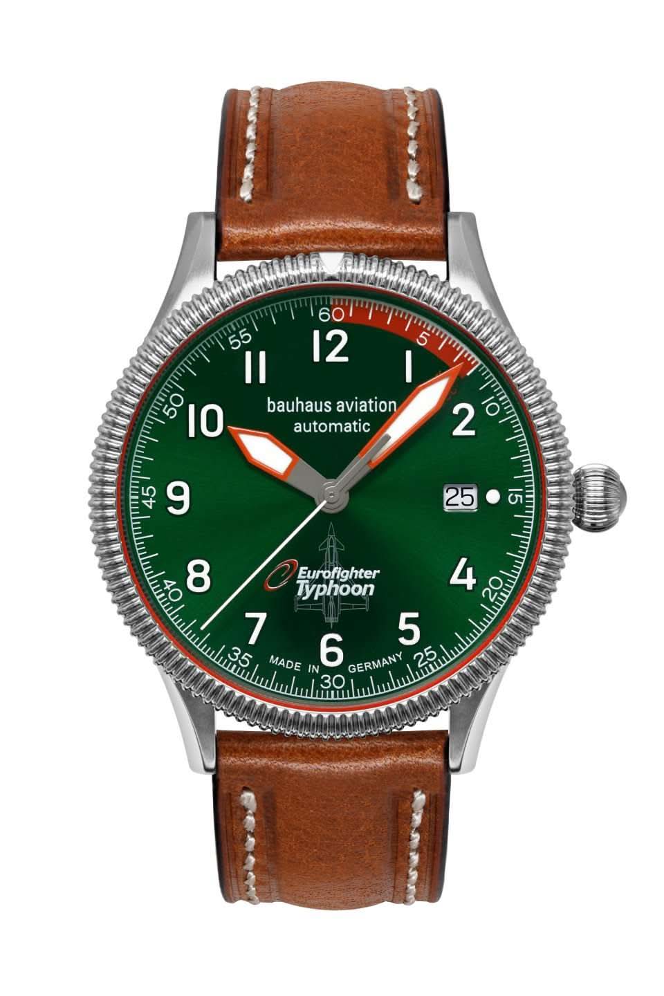 Montre automatique pour homme avec cadran vert, bracelet en cuir marron et couronne visible