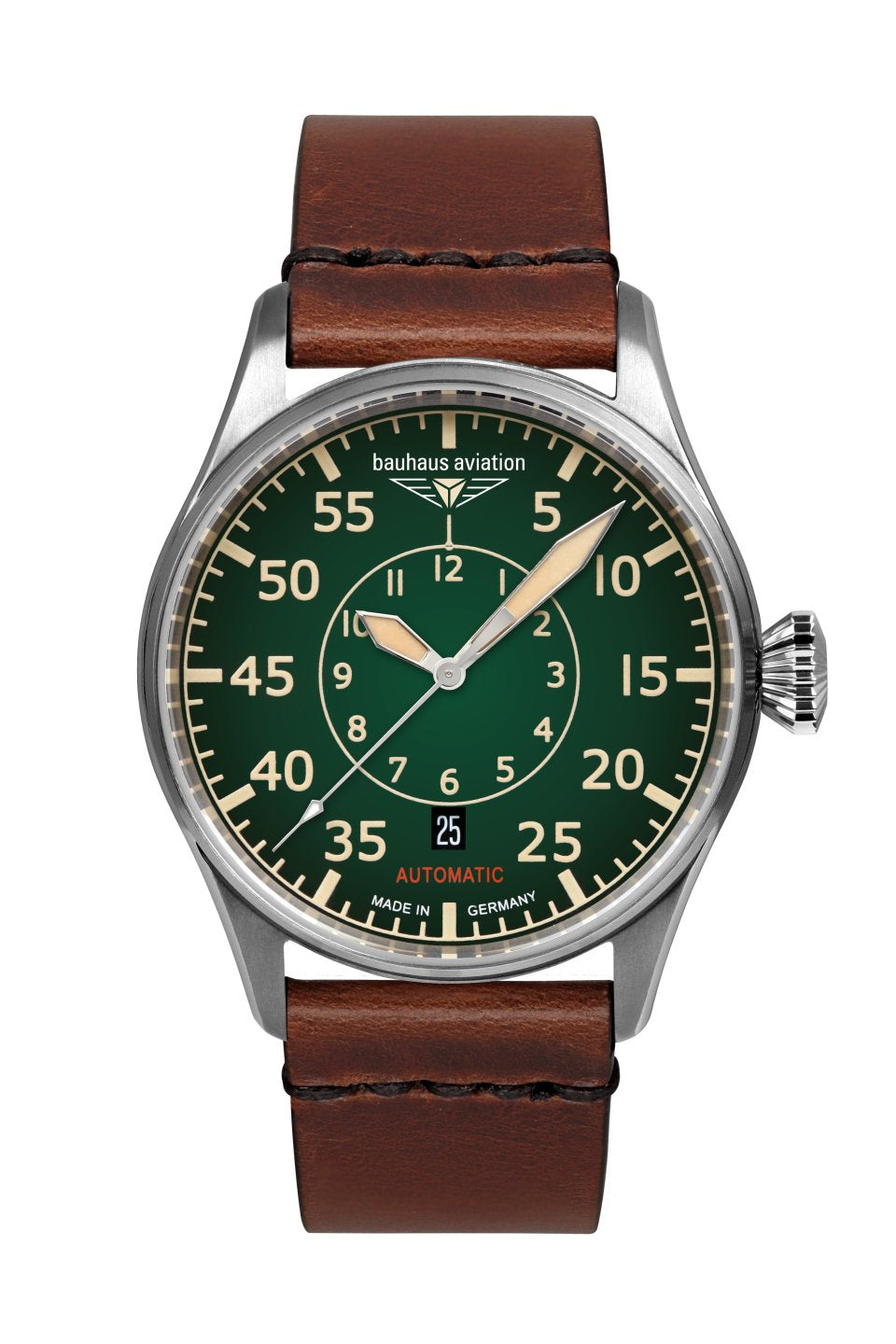 Herrenuhr mit grünem Zifferblatt, braunem Lederarmband und silbernem Edelstahlgehäuse