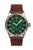 Herrenuhr mit grünem Zifferblatt, braunem Lederarmband und silbernem Edelstahlgehäuse