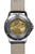 Bracelet de montre pour homme vu de dos, avec bracelet en cuir beige et mouvement apparent dans le boîtier