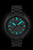 Montre homme avec bracelet noir, cadran sombre, date et index turquoise