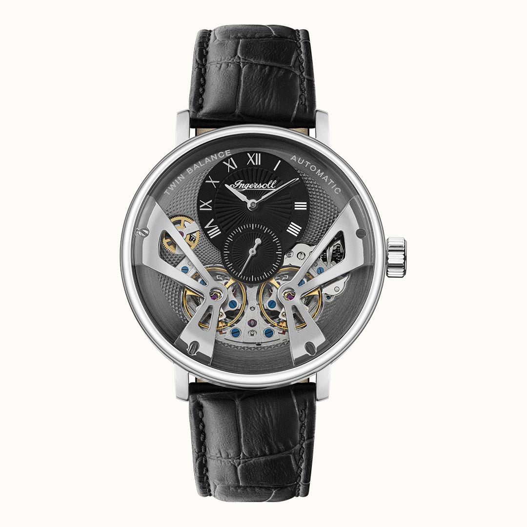 Herrenarmbanduhr Ingersoll Tennessee mit schwarzem Lederarmband und silbernem Gehäuse