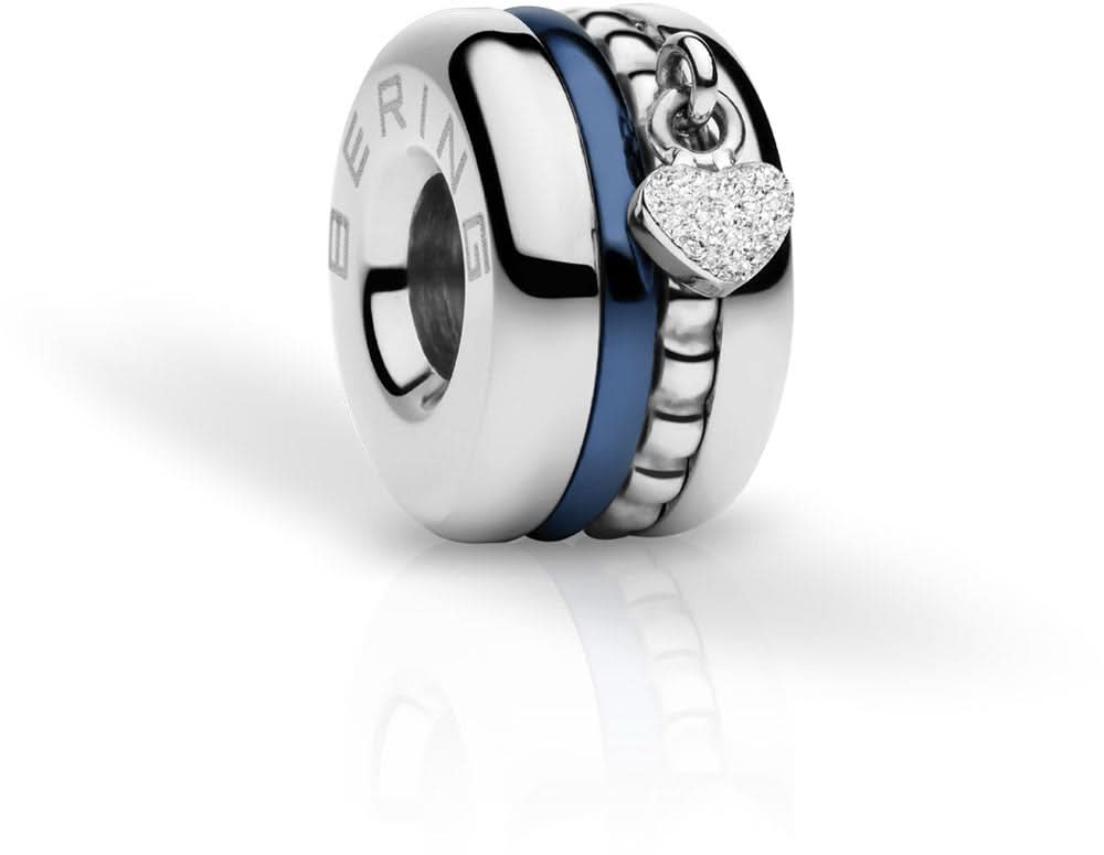 Charme en acier inoxydable avec insert bleu et pendentif cœur scintillant sur l'anneau