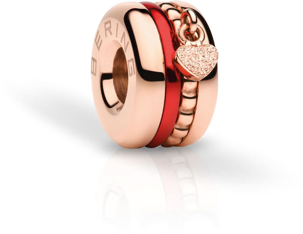 Charme en acier inoxydable avec anneau plaqué or rose, insert rouge et pendentif en forme de cœur avec pierre