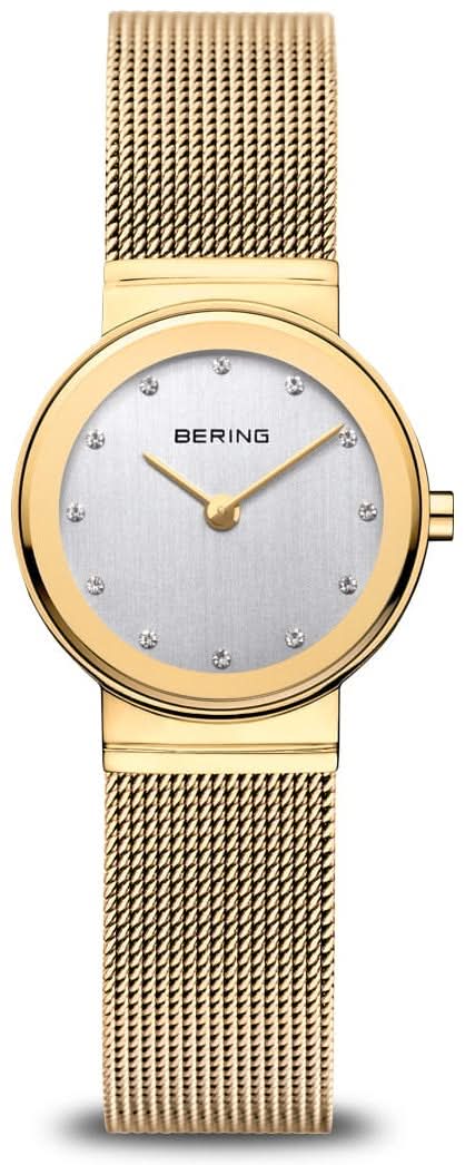 Damenuhr von Bering mit goldfarbenem Milanaiseband und silbernem Zifferblatt