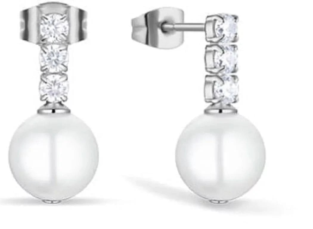 Arctic Pearls Boucles d'oreilles en acier inoxydable argenté brillant avec perles de zircone - BERING Modèle : 756-17-05