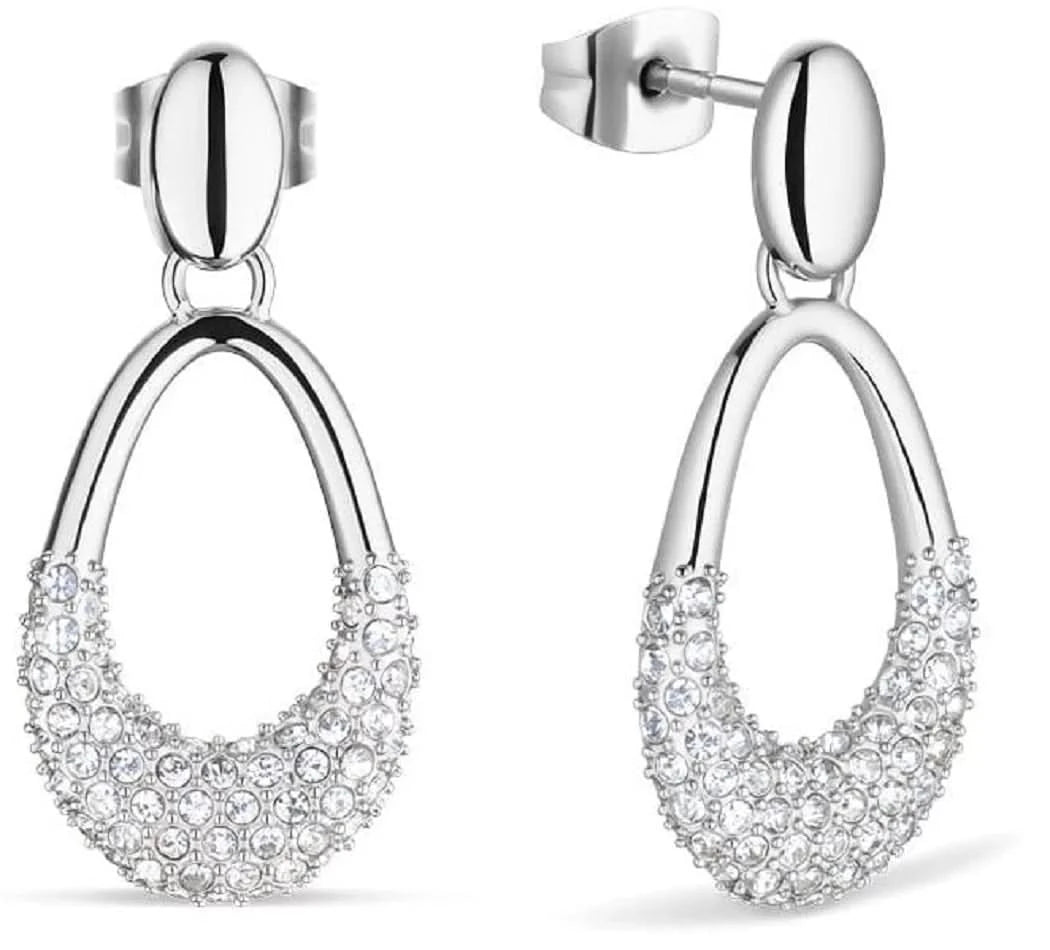 Boucles d'oreilles pendantes argentées avec pavage scintillant de cristaux, bord incurvé