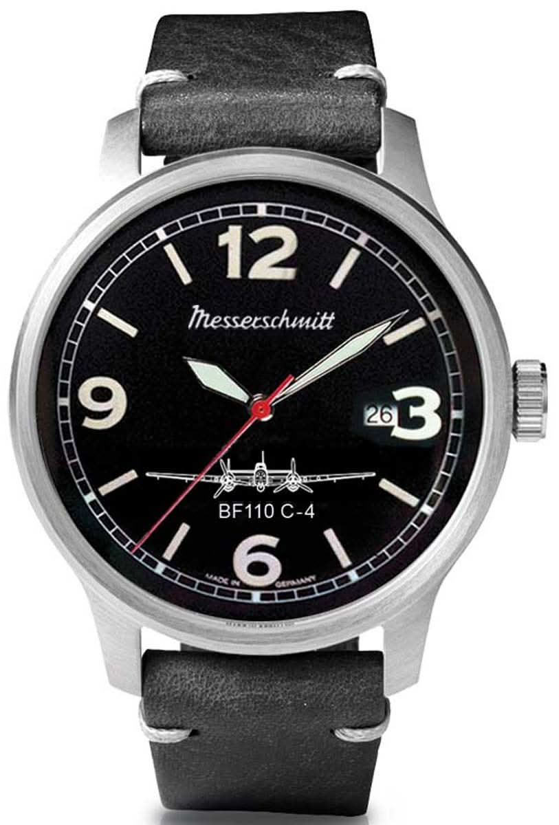 Montre homme avec cadran noir, logo Messerschmitt et bracelet en cuir marron