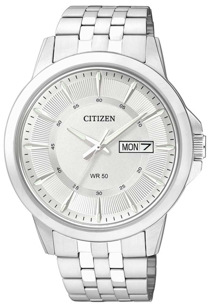 Montre pour homme : bracelet en acier inoxydable argenté, cadran blanc, fenêtre de date « LUN 7 »