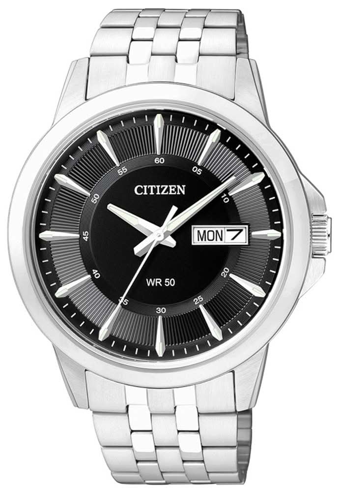 Montre homme en acier inoxydable avec cadran noir, affichage de la date et bracelet en métal