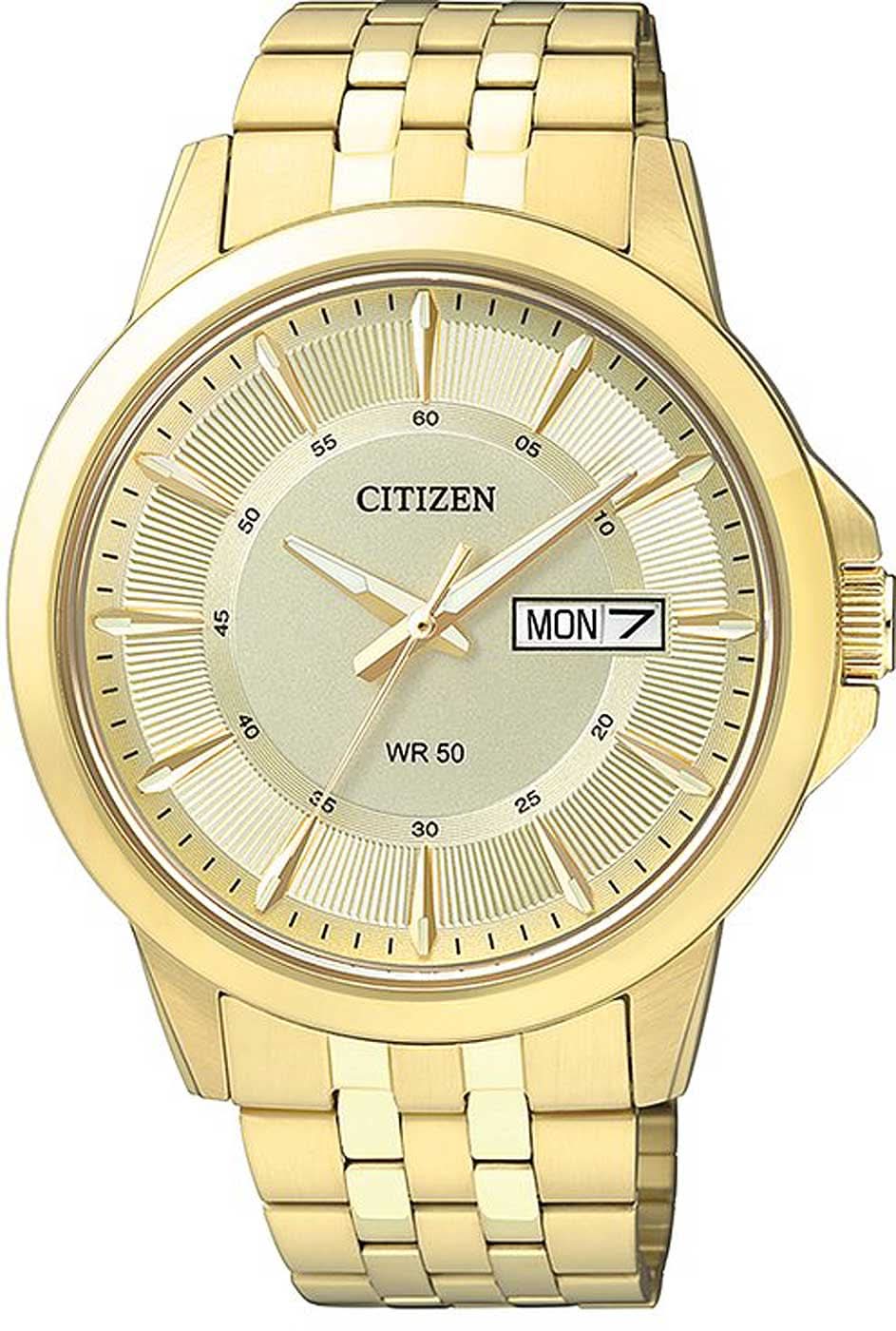 Montre pour homme dorée avec bracelet en métal, cadran gris clair et affichage jour-date