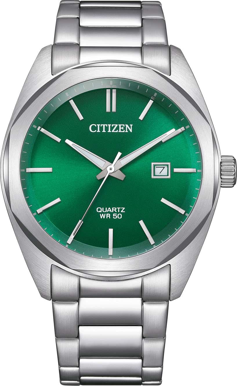 Montre homme avec cadran vert, logo CITIZEN, bracelet en acier inoxydable, aiguilles et guichet date