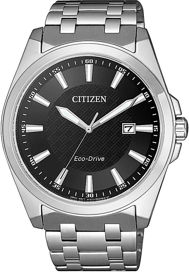 Montre bracelet en acier avec cadran noir, logo CITIZEN, Eco-Drive et guichet date