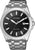 Montre bracelet en acier avec cadran noir, logo CITIZEN, Eco-Drive et guichet date