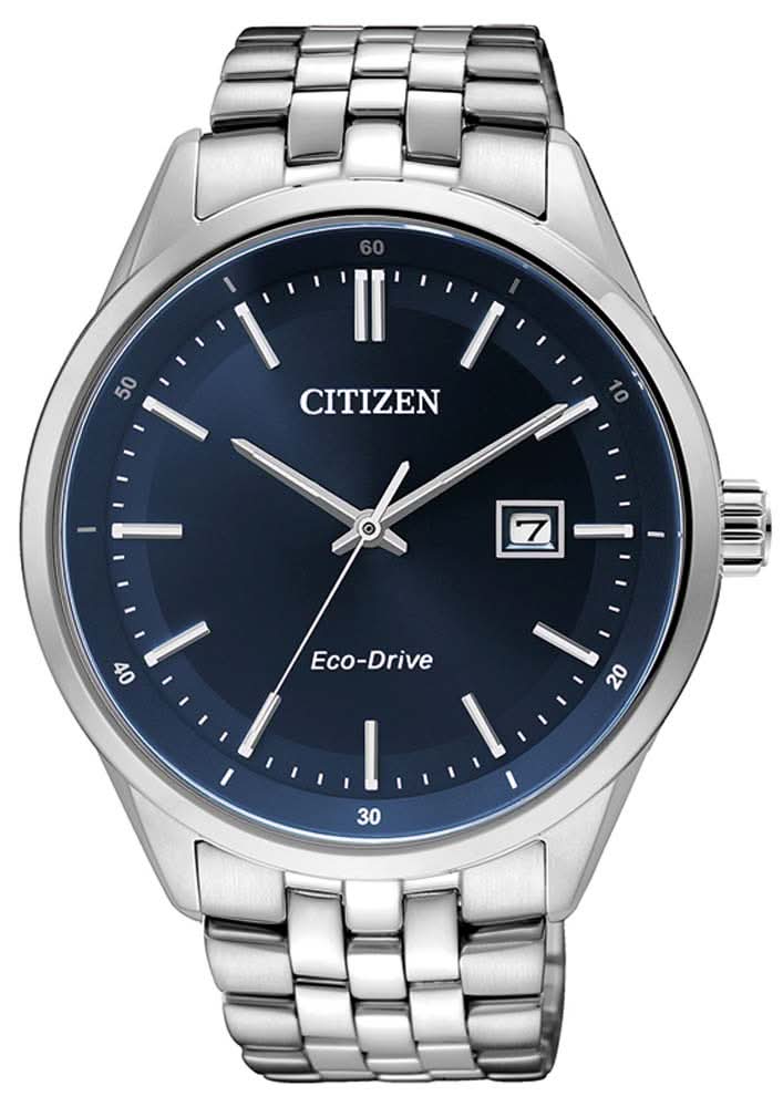 Montre Citizen Eco-Drive : cadran bleu, boîtier rond en acier inoxydable, bracelet à maillons