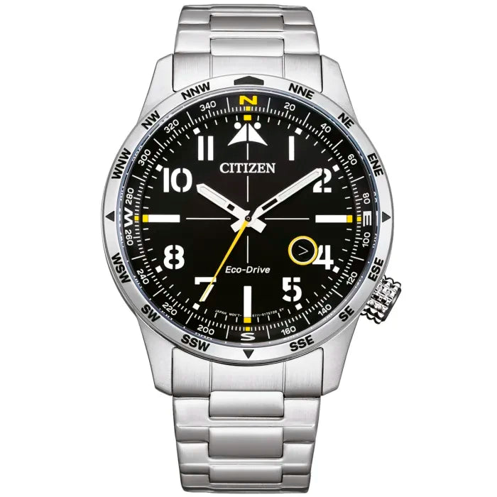 Citizen Aviator Herrenuhr mit schwarzem Zifferblatt, gelben Akzenten, Edelstahlarmband