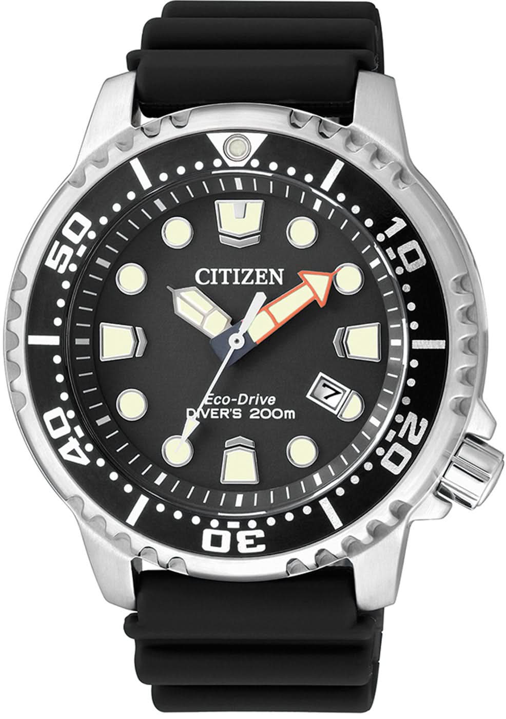 Montre homme avec cadran noir, bracelet en caoutchouc noir et lunette de plongée argentée